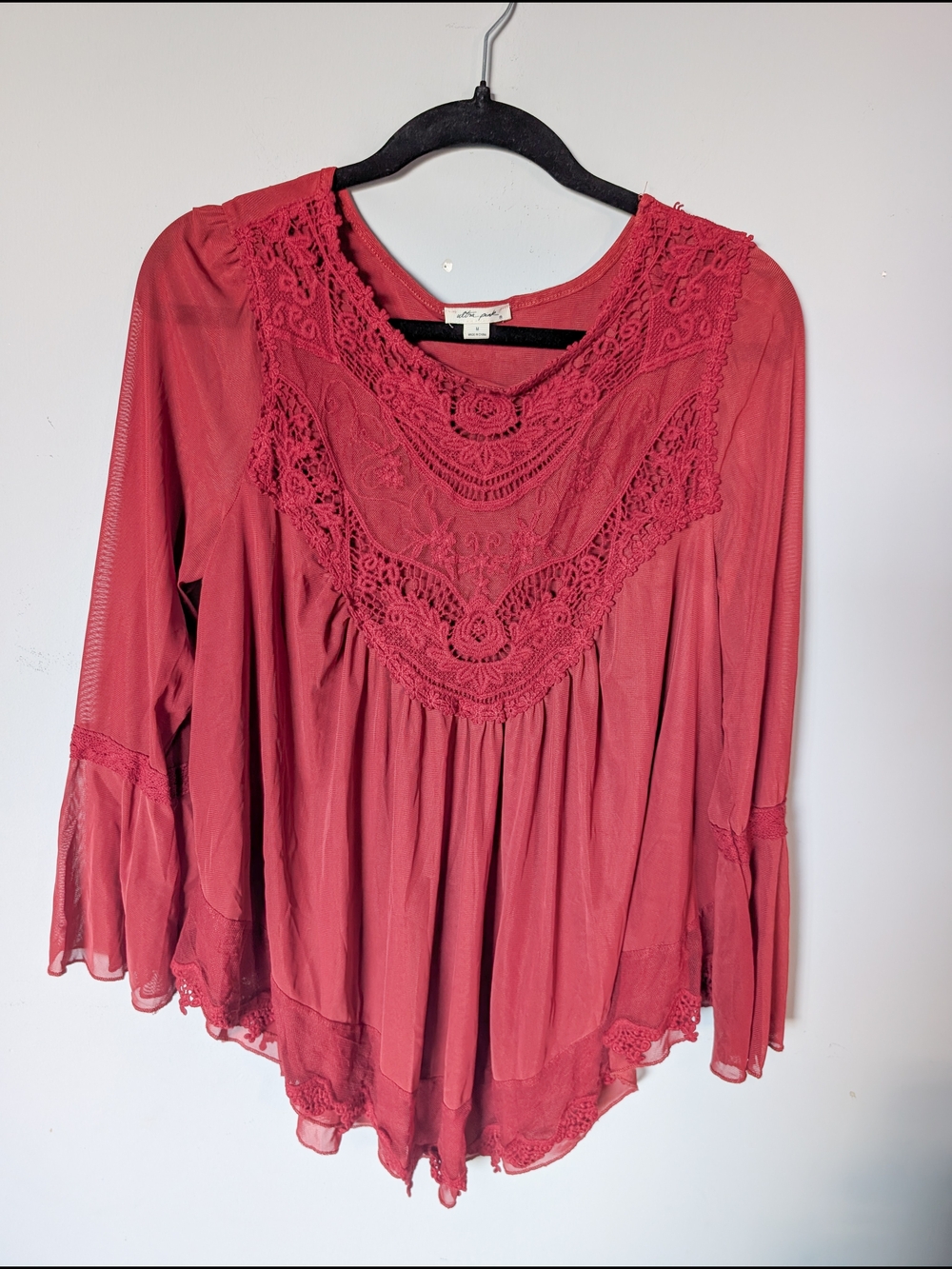 Ultra Pink Lace-Trim Peasant Blouse in Deep Rose